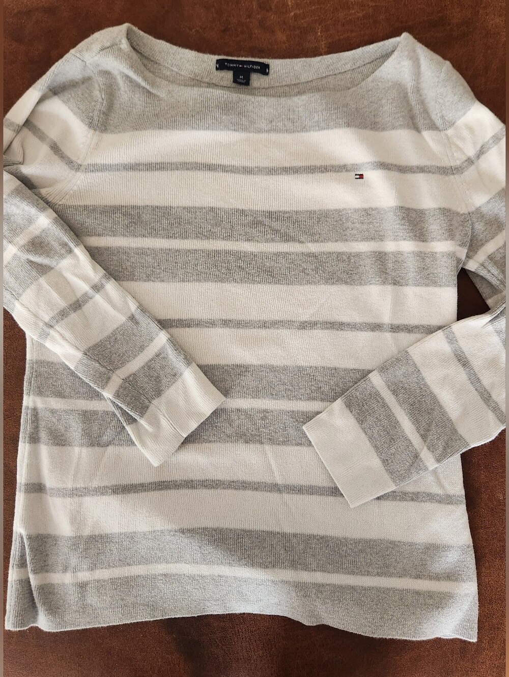 Tommy Hilfiger Women's Gray & White Striped Knit Sweater
